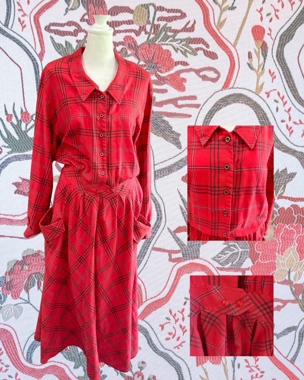 Vintage 80s John Henry Red Plaid Midi Dress Pockets Nipped Waist Sz 14 (M/L)